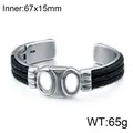 Zilveren roestvrijstalen leeuwenkop herenarmband met zwart gevlochten lederen koorden - Stijl met opengewerkte dubbele ring (KB99432-BD)