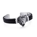 Herenarmband van roestvrij staal met leeuwenkop en zwart gevlochten lederen koorden in zilver - Zilveren Leeuwenkop Stijl (KB102746-BD)
