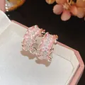 Orecchini a fiore rosa a forma di C con bordi ondulati e pietra occhio di gatto - 57# Orecchini a Cerchio a C Rosa con Bordo Ondulato Argento e Pavé di Zirconi