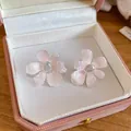 Orecchini a fiore in occhio di gatto rosa con aghi d'argento e strass in scatola - 54# Orecchini a Bottone in Zircone a Fiore Goffrato Bicolore Argento Rosa