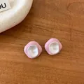 Orecchini a fiore in pietra occhio di gatto rosa e bianco con aghi in argento e design - 66# Orecchini a Bottone Curvi Geometrici Irregolari in Giunzione Rosa Bianco