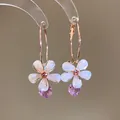 Orecchini a fiore in opale con strass viola e cerchi in metallo oro rosa - 56# Orecchini a Cerchio Oro Rosa con Fiore Occhio di Gatto e Strass Viola