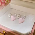 Orecchini a pendente con cuore rosa e perla sintetica in confezione regalo di velluto - 60# Orecchini a Gancio Argento Cuore Rosa con Perla Bianca