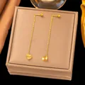 Elegant gold-plated stainless steel long chain earrings with textured heart pendants - Striped Heart(G285)