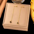 Long gold threader earrings featuring black four-leaf clover enamel pendants for women - Black Clover(G331)