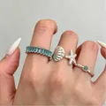 Böhmisches Silberring-Set mit Meeresschildkröte, Seestern und blauen Edelsteinen - Gemischte Größen / Retro Ozean 3er-Set / Hellsilber