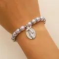 Lavender faux pearl beaded bracelet with Mary medal and silver cross charm for women - Light Purple (1182)
