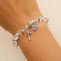 Religious beaded bracelet with silver cross and Virgin Mary medal charms on wrist - Silver/White (DZ-412)