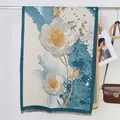 Artistic oil painting style scarf in blue and white with golden flower patterns - 19# Twin Lotus