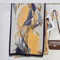 Artistic oil painting scarf with yellow and blue fluid patterns and fringe edges - 20# Modern Art