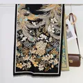 Black oil painting cashmere scarf with golden phoenix pattern and tassel detail - 24# Phoenix
