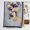Oil painting style cashmere scarf featuring blue roses, yellow leaves and fringe - 25# Purple Gold Rose