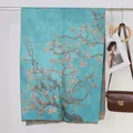 Artistic oil painting scarf with blue almond blossom print and fringe trim - 26# Blue Tree Almond Blossom