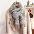 Winter vintage floral cashmere-feel scarf with tassels and blue yellow pattern - Blue