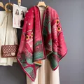 Detailed view of the red oil painting owl print scarf with short fringe and soft texture - 185cm / Red