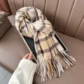Classic checkered cashmere-like scarf with warm earth tones and soft fringe tassels - Camel