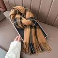 Classic thick plaid scarf with tassels for winter, camel and black checkered pattern - Camel