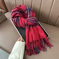Classic red and blue plaid winter scarf with fringe detail for cold weather - Red
