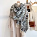 Ethnic floral cashmere-feel warm scarf with fringe, elegant autumn winter shawl wrap - 190cm / Navy Blue