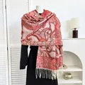 Chal pashmina étnico rojo con estampado de cachemira y borlas para mujer - Paisley Rojo