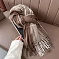 Thick checkered warm scarf in brown and cream with fringe details in a gift box - 188CM / Coffee