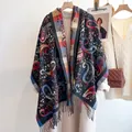 Ethnic paisley cashmere feel warm scarf with colorful patterns and tassel fringe - Black