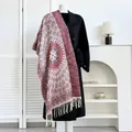 Ethnic style cashmere-like scarf with red and grey mandala patterns and tassel trim - Purplish Red