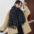 Classic black and white checkered scarf with tassels paired with a beige autumn jacket - 188CM / Black