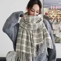 Plaid checkered thick winter scarf with long tassels for women and men in black and white - 188CM / White