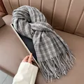 Detailed texture of gray and brown plaid cashmere scarf with long fringe in a gift box - Gray