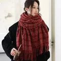 Classic wine red plaid scarf with tassels made of soft cashmere-like warm fabric - 188CM / Red