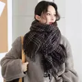 Classic dark brown checkered scarf with fringe trim worn by a model in winter - 188CM / Coffee