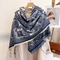 Elegant navy Toile de Jouy cashmere shawl with fringes draped on beige wool coat - 190cm / Navy Blue