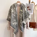 Toile de Jouy cashmere shawl scarf with dense forest plant pattern and fringe details - 190cm / Gray
