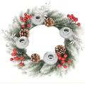 Christmas wreath candle holder with snow pine needles, red berries, and pinecones - 45cm Frost White