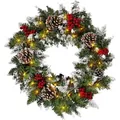 Flocked Christmas garland with warm LED lights, pine cones, and red berries on white base - Small Style