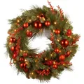 Grüner Weihnachtskranz mit roten Kugeln und warmweißen LED-Lichtern für die Türdekoration - Extra Große Größe (60cm)