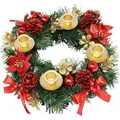 Ghirlanda di Natale con quattro portacandele dorati, pigne rosse e fiocchi di seta su bianco - Portacandele Fiore Rosso