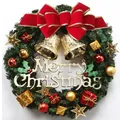 Klassieke kerstkrans met rode fluwelen strik, gouden bellen en vrolijke kersttekst - 30 cm rode strik sterkrans