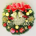 Klassieke kerstkrans met rode fluwelen strik, gouden bellen en Merry Christmas bord - 30cm Nieuwe Cadeauzak Vijf Sterren Stijl