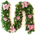 2,7m grüne Weihnachtsgirlande mit rosa Weihnachtssternen und warmen LED-Lichtern - Rosa