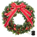 60cm pre-lit Christmas wreath with red bow, pine cones, berries and warm LED lights - 60cm PE Bow Wreath