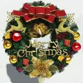 Christmas wreath with golden reindeer, red bows, and bells on a pine base decoration - 60cm Christmas Flying Reindeer Wreath