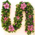 2,7m Weihnachtsgirlande mit grünen Nadeln, rosa Blüten und warmen LED-Lichtern - Lila