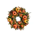 Close-up of fall wreath featuring pumpkins, red berries, pine cones and maple leaves - Harvest Pumpkin Style