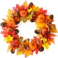 Corona de otoño artificial de 15 pulgadas con calabazas, arce y piñas de pino - Tamaño Medio Estilo Calabaza Hoja de Arce
