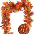 Artificial autumn maple leaf garland with red and yellow berries for fall decoration - With Berries / 1.75m