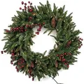 Corona de Navidad artificial con agujas de pino, bayas rojas, conos y luces LED sobre blanco - Estilo Mixto 30cm