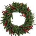 Corona de Navidad artificial con bayas rojas y piñas sobre base de agujas de pino verde - Estilo Mixto 50cm