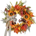 Couronne d'automne avec tournesols, érables, citrouilles et un grand nœud en toile de jute - Style Tournesol Citrouille et Nœud (B012)